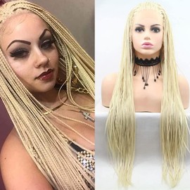 Angle Lucky Blonde Micro Braided Wigs Knotless Cornrow Braids Synthetic Lace Front Braided Wig #613 Blonde Natural Color Box Braided Wig Heat Resistant Fiber Hand Braids for Women 26’’ (26, #613 Blonde)