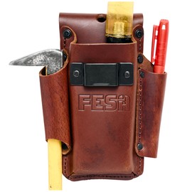 FESA Small Leather Tool Pouch - 4-in-1 Heavy Full Grain Leather Small Tool Pouch with a Steel Tape Measure Clip, 3 Pockets & Reinforced Heavy Duty Rivets - Fits Belts up to 3" - Handcrafted (Cherry)