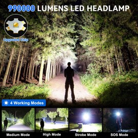 Headlamp Rechargeable, 990000 Lumens Super Bright LED Head Lamp with 4 Modes, 90° Adjustable Head Lights for Forehead, IPX6 Waterproof HeadLamps for Adults Camping Hunting