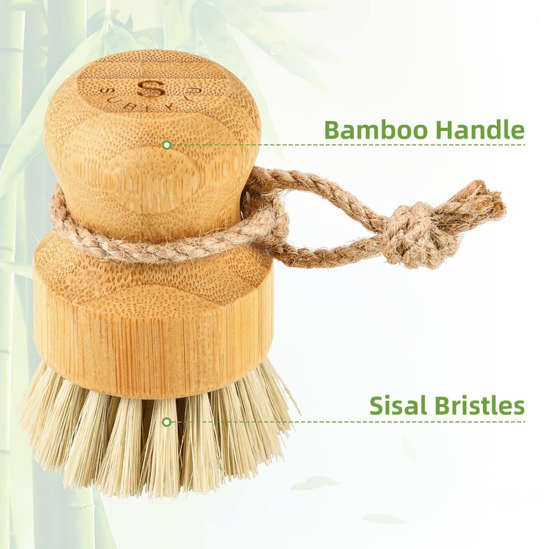 SUBEKYU Bamboo Dish Scrub Brushes for Kitchen, Wooden Cleaning Scrubbers