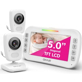 AXVUE Video Baby Monitor, Comfortable Slim Design Handheld Enclosure, 5.0" Screen Monitor & 2 Camera, Range up to 1000ft, 8 Hour Battery Life, 2-Way Talk, Night Vision, Temperature Monitor, No WiFi.