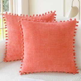 CaliTime Throw Pillow Covers Decorative 18 X 18 Inches Pack of 2 Cozy Solid Dyed Soft Chenille Cushion Cases with Pom Poms for Couch Sofa Bed Living Room Home Living Coral
