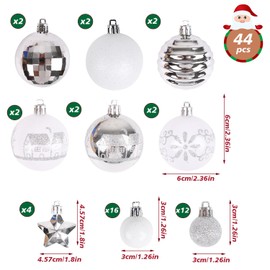 SULOLI Christmas Balls Ornaments Set, 44 Pcs Xmas Shatterproof Plastic Baubles Hanging Balls for Christmas Tree Holiday Party Wedding Decoration (Sliver & White)