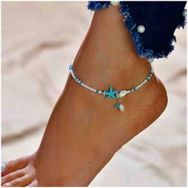 Erimberate Bohemian Blue Starfish Ankle Bracelet White Sead Bead Anklet Chain Beaded Chain Anklets Adjustable Conch Anklets Summer Beach Foot Chain Jewelry for Women