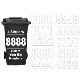 Pack of 4 Plain White Wheelie Bin Numbers Stickers - 8 Waterproof (17 cm) Labels for Wheelie & Garbage Bins Packwith®