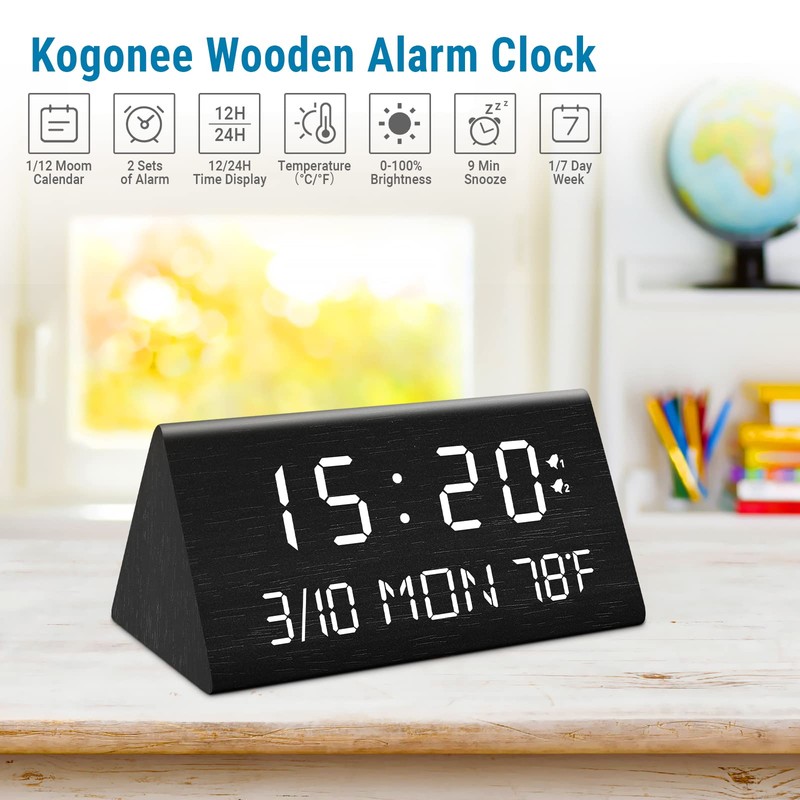 Kogonee Wooden Digital Alarm Clock, 0-100% Dimmer, 2 Alarm Settings,
