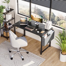 OLIXIS Computer Desk Home Office 48 Inch Writing Study Work Desk with Storage Bag, Headphone Hooks, Large Simple Modern Wood Kids Student PC Table - Black
