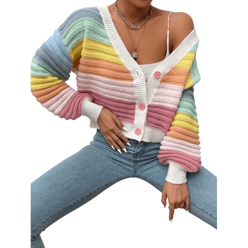 SweatyRocks Women's Color Block V Neck Button Front Knit Cardigan