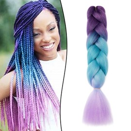 Gairyan Jumbo Braids, Extensions, Synthetic Hair for Braiding, 1 Piece, 100 g, 60 cm, Ombre, Synthetic Braids, Afro Hair for Box Braids/Crochet Braids, Purple & Lake Blue & Light Purple