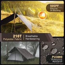 VOSOIR Tarp 3 x 3 m Waterproof, Ultralight Camping Tent Tarpaulin, with 9 Eyelets + 6 Aluminium Pins + 8 Nylon Ropes, Anti-UV Snow Rain Protection, Lightweight Compact, for Hammock Camping Picnic