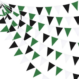 32Ft Black Green White Pennant Banner Flag Triangle Fabric Bunting Garland for Birthday Graduation Wedding Engagement Baby Shower Video Game Soccer Theme Party Decorations Home Nursery Classroom Decor