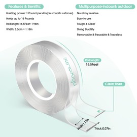 Double Sided Tape Heavy Duty, Extra Large Nano Double Sided Adhesive Tape, Clear Mounting Tape Picture Hanging Adhesive Strips,Removable Wall Tape Sticky Poster Tape Decor Carpet Tape(16.5FT)