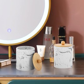 Tonxus Bathroom Qtips Jars with Lid,Vanity Cotton Swab Holder,Resin Apothecary Dispenser Container,Marble Makeup Sponges Canister,Bath Salts Storage Organizer Box (Marble White with Bamboo Lid of 2)