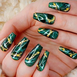 Press on Nails Medium Ballet Shaped Dark Green False Nails Artificial Acrylic Nails Gold Foil Green Marbling Design Fake Nails Full Cover Glossy Reusable Coffin Nails Glue on Nails for Women