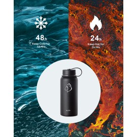 BUZIO 32oz Stainless Steel Water Bottle (Cold for 48 Hrs, Hot for 24 Hrs), Vacuum Insulated Water Bottle with Straw Lid and Flex Cap (Double Wall, Wide Mouth, BPA Free, Leak Proof)