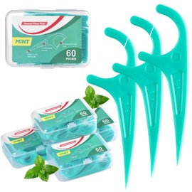 SOSALUK Floss Picks, 300 Count Mint Dental Floss Sticks, 5 Travel Cases for Extra Convenience, Helps Prevent Cavities, Remove Plaque & Freshen Breath, Premium Flossers for Family