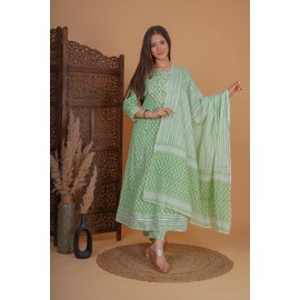 Meera Fab Women's Cotton Printed Zari Embrodriery Anarkali Kurta With Palazzo & Dupatta Set, Green, X-Large