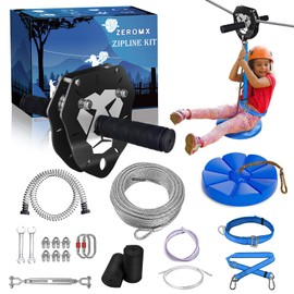 ZEROMX 75ft/100ft/120ft/150ft Zip Line Kit for Kids and Adults Up to 380lb – Upgraded Removable Lion Trolley, 6.5ft Spring Brake, Tree Protectors, Safety Harness & Seat – Backyard Zipline Set