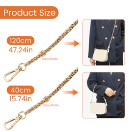 Pack of 2 Chain for Bag, Bag Chain Gold 120 cm and 40 cm Bag Chain Metal Shoulder Strap Width 8 cm Bag Chain with Carabiner Hook Accessory for Handbags Purse