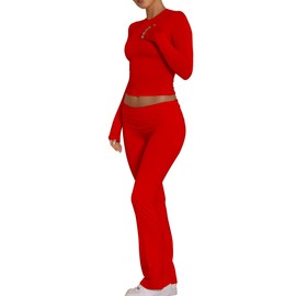 BORIFLORS Women's Workout 2 Piece Lounge Sets Long Sleeve Tops Foldover Flare Pants Casual Outfits Tracksuit,Large,Red