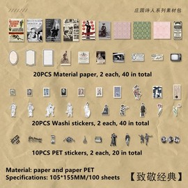 101 Stk Vintage Scrapbooking Sticker Set Washi Aufkleber für Journaling Zubehör Junk Journal Art Craft Ästhetische Cottagecore Collage Bilderrahmen