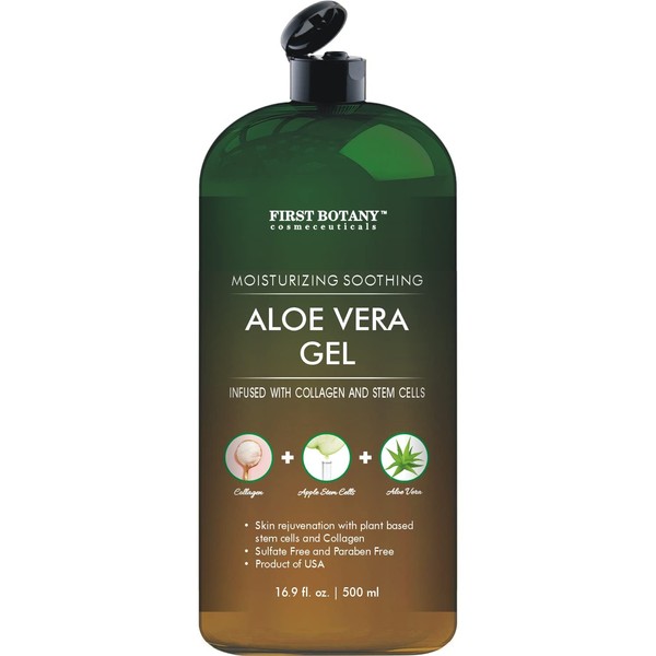 Pure Aloe vera gel - with 100% Fresh & Pure Aloe Infused with Stem Cells, Collagen, Tea Tree Oil - Natural Raw Moisturizer for Face, Skin, Body, Hair. Perfect for Sunburn, Acne, Razor Bumps 16.9 fl oz