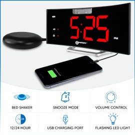 Geemarc Wake n’ Shake Curve Extra Loud Alarm Clocks for Bedrooms - Digital Clock with Vibrating Shaker Pad - Alarm Clock for Heavy Sleepers - LED Clock with Extra Large Display for Hard of Hearing