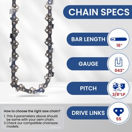 2-Pack 16 Inch Chainsaw Chain R55, 3/8” LP Pitch, .043” Gauge 55 Drive Links Compatible Replacement for 16 Inch Bar fits Stihl, McCulloch and More