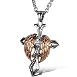 OIDEA Mens Womens Stainless Steel Angel Wing Celtic Cross Pendant Necklace,Rosegold
