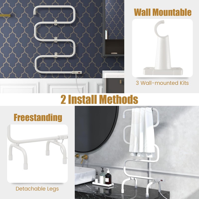 COSTWAY Heated Towel Warmer, Freestanding & Wall-Mounted 5-Bar Drying Rack