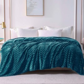 Whale Flotilla Flannel Fleece Queen Size Bed Blanket, Soft Velvet Lightweight Bedspread Plush Fluffy Coverlet Chevron Design Decorative Blanket for All Season, 90x90 Inch, Teal