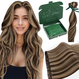 Ugeat Highlights Blonde Weft Hair Extensions Chocolate Brown Sew in Human Hair Extensions Remy Double Weft Medium Length Full Head for Wedding 100G 18 Inch