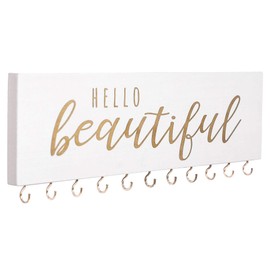 SANY DAYO HOME Jewelry Organizer Wall Mounted Modern Wooden Holder with 9 Hooks for Necklaces and Bows, for Women and Girls - Hello Beautiful (White)