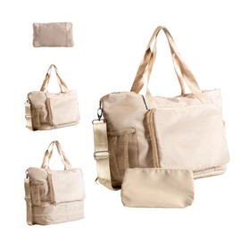 Travellow Foldable & Expandable Travel Bag - Carry On Bag With Shoe Compartment, Water Bottle Pockets, Travel Tote With Luggage Sleeve, Weekender Bag With Cosmetic Case - Beige