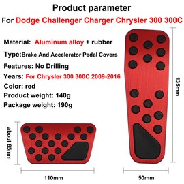 Hecotrax Aluminum Alloy Pedal Cover for Dodge Challenger 2009-2020 Charger 2010-2020 Chrysler 300 300C 2010-2016 No Drilling Aluminum Brake and Accelerator Pedal Covers (Red)