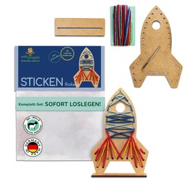 mikiprojekt® Children's Rocket Embroidery Set with Simple Instructions for Safe Success I Developmental Embroidery Children's Set Made of Safe Material I Embroidery Pictures for Children with Stand