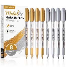 HAUSTGO Gold and Silver Metallic Markers - 8 Pack Fine Point Metallic Marker Pens - 1.5mm Bullet Tip for Black Paper, Scrapbooking, Card Making, Fabric, Glass, Wood, Rock Painting and DIY Crafts