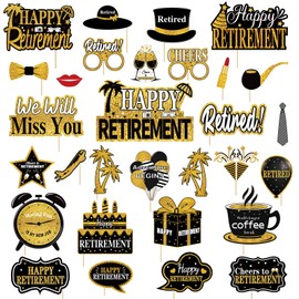 Kuxriox 30Pcs Happy Retirement Party Decorations for Men Women, Black Gold Retirement Photo Booth Props, Cheers to Retirement Party Supplies, We Will Miss You Retirement Party Sign