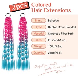 2 PACK Colorful Hair Extensions, POIUNA Upgrade 24" Long Braiding Hair Hair Extensions Braid Synthetic Fiber Hair for Women Girl Bubble braid (blue) (purple)