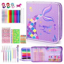 QearFunXD 56PCS Drawing Set Coloring Kit Fruit Scented Marker Set Art Coloring Drawing Set Mermaid Pencil Case Painting Supplies Kit for Kids Stationery Set Colored Pencils Crayons Markers Best
