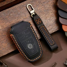 Leather Key Cover Remote Fob Case Holder Fit For 2017-2021 Ford F150 Pickup Tailgate 5 Button (Black)