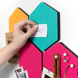 Navaris Hexagon Felt Board Tiles - Set of 6 Notice Memo Bulletin Boards with Push Pins Pack 5.9 x 7 inches (15 x 17.7 cm) - Turquoise, Orange, Pink