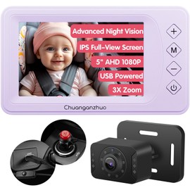 Chuanganzhuo S100U Baby Car Camera with Advanced Night Vision, 5inch AHD 1080P IPS Full View Baby Monitor, Carseat Camera for Kids Infants Rear Facing Mirror, USB Powered, 5inch, Light Purple