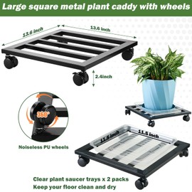 DEELF OUTLET 3 Packs 13.6 inches Large Metal Plant Caddy with PU Wheels Square Planter Dolly Pot Mover Rollers Iron Rolling Wheeled Plant Stands Indoor Outdoor Plant Holder Coaster Trolley, Black