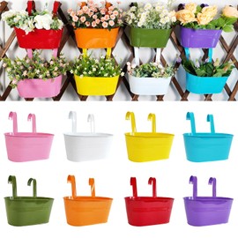 Joyfernal 8 Pack Hanging Planters 10", Colorful Metal Bacony Railing Planter for Outdoor Decor, Countryside Fence Pot Flower Bucket for Rails Patio Garden, Plant Pot for Herb (9.8", Pack of 8)