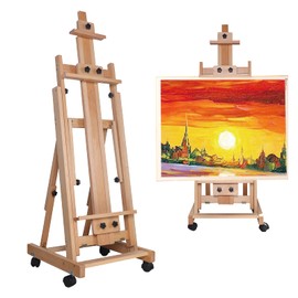 Folding H-Frame Sketch Easel, Professional Art Easel with Wheels(Fixer), Adjustable Height Beechwood Sketch Easel Stand with Flat Laying Function for Oil Painting, Sketch Advertising etc