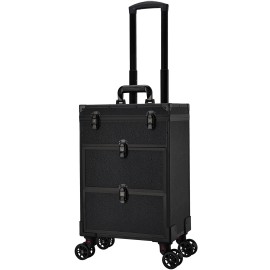 Leather Rolling Makeup Train Case with Wheels 2 Drawers Professional Nail Organizer Case Pouch Cosmetology Salon Cart Trunkcolor: Black