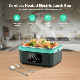 Electric Heated Lunch Box for Adults, EDCERATY Rechargeable 60W Self-Heating Food Warmer with 1L Stainless Steel Container, Fork, Spoon and Insulated Carry Bag for Work Men Car Truck(Grey+Green)
