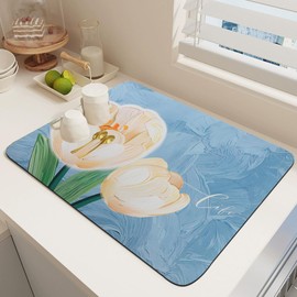 QXUJI Dish Drying Mat for Kitchen Counter, Absorbent Coffee Bar Mat Accessories for Countertops,Pet Feeding Mat, for Dishes, Utensils, Pots and Pans, Sinks, 15.75 x 19.69Inch, Blue