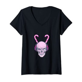 Womens Pink Peppermint Candy Cane Skull Head | Seasons Greetings V-Neck T-Shirt
